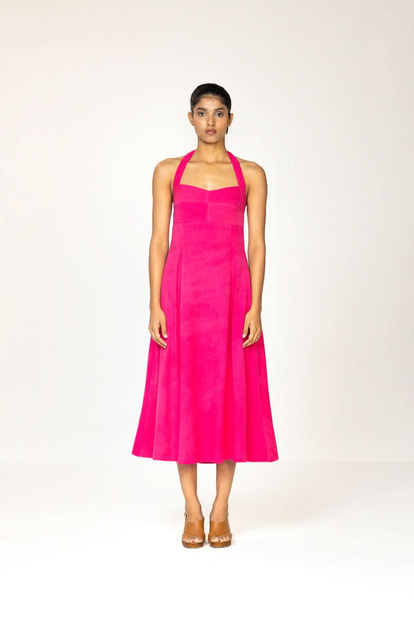 HOT PINK HALTER MIDI DRESS