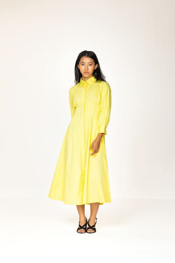 YELLOW PLEATED SHIRT DRESS