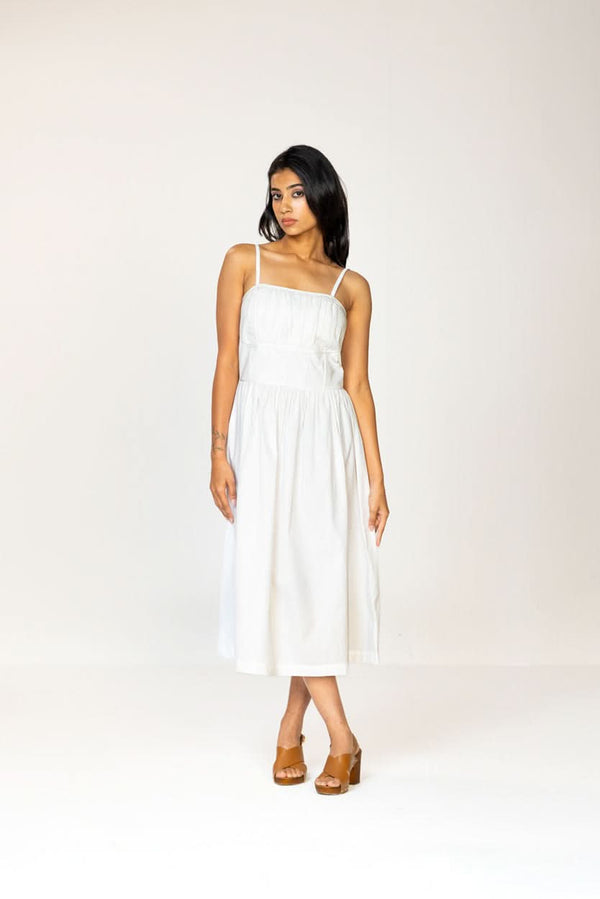WHITE RUCHED MIDI DRESS
