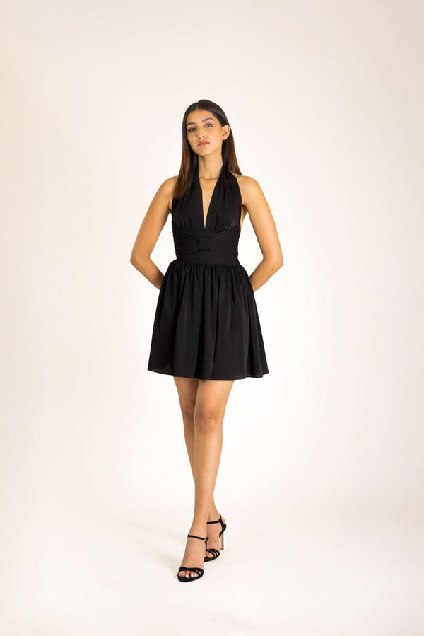 BLACK HALTER MINI DRESS WITH BOW
