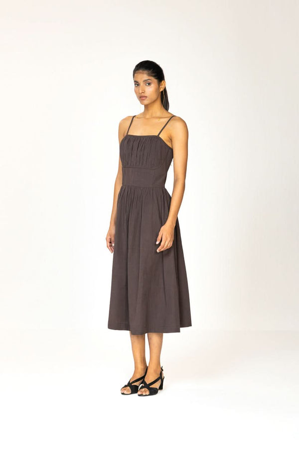 BROWN RUCHED MIDI DRESS