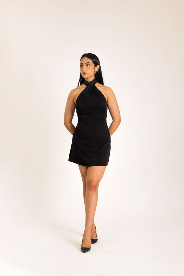 BLACK SCARF WRAP MINI DRESS