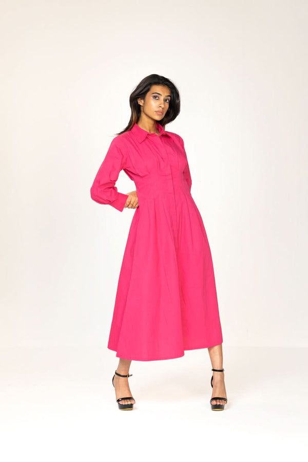 HOT PINK PLEATED SHIRT DRESS