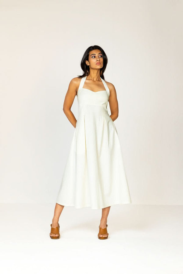 WHITE HALTER MIDI DRESS