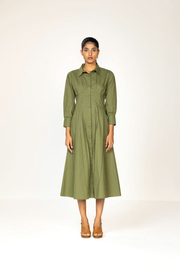 OLIVE PLEATED SHIRT DRESS