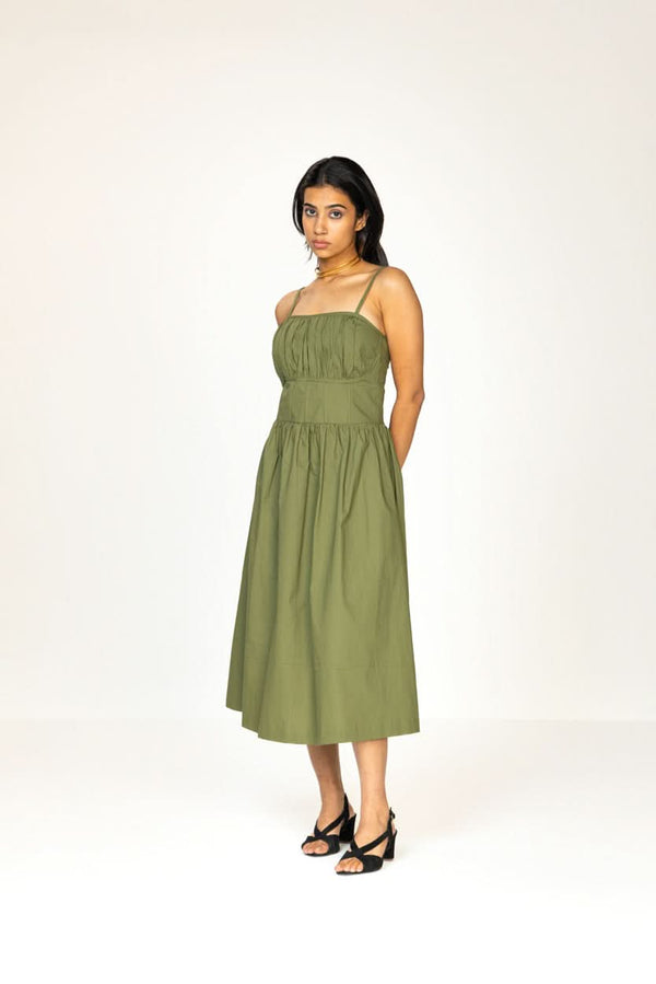 OLIVE RUCHED MIDI DRESS