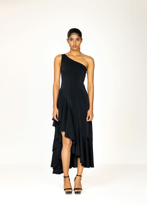 BLACK ASYMMETRIC FLARE DRESS