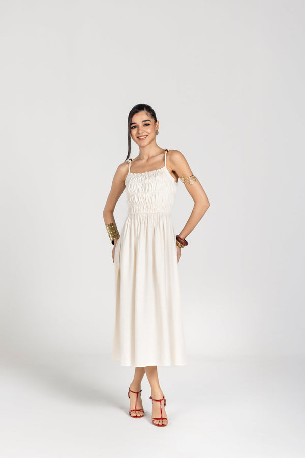 WHITE RUCHED BEADED MIDI DRESS