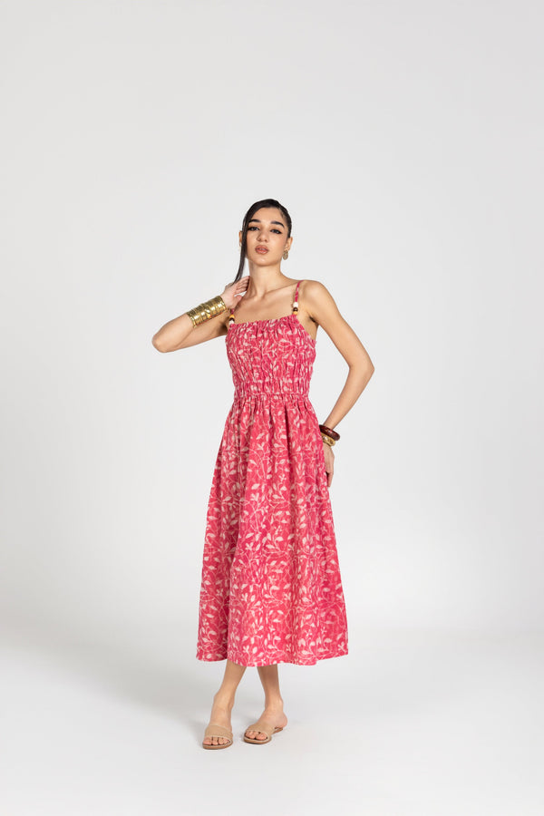 PINK RUCHED BEADED MIDI DRESS