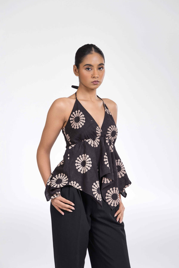 BLACK HALTER TOP WITH NECKTIE