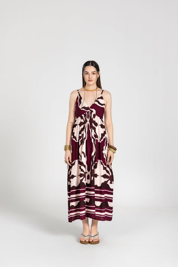 ABSTRACT PLUM V-NECK STRAPPY DRESS