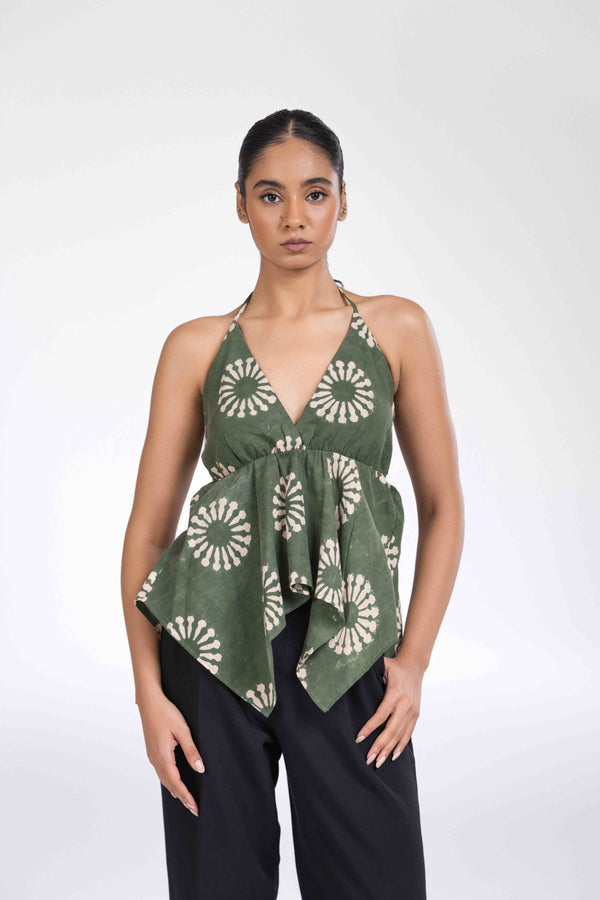 GREEN HALTER TOP WITH NECKTIE