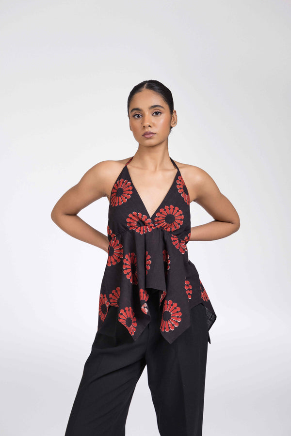 RED HALTER TOP WITH NECKTIE