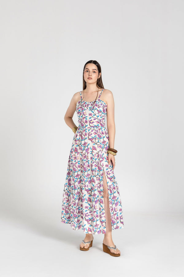 WHITE MULTI VASANT DRESS WITH SLIT