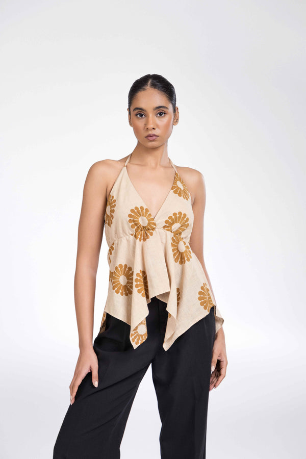 BEIGE HALTER TOP WITH NECKTIE