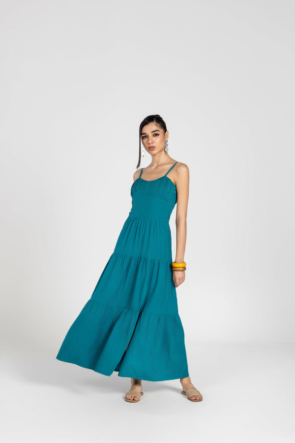 DEEP TEAL VASANT DRESS WITH SLIT