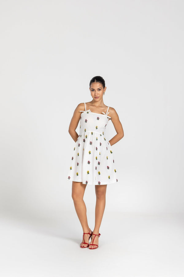 EMBROIDERY FLOWER MINI DRESS WITH BOW