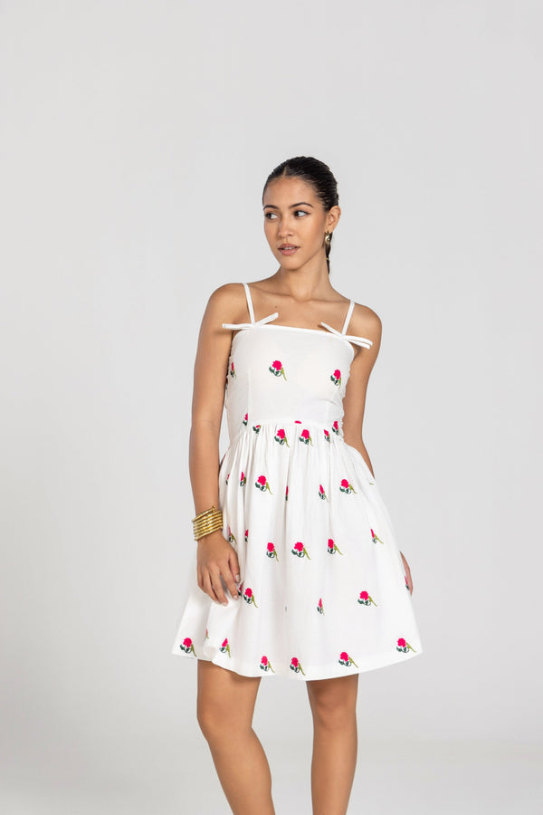 PARROT PEONY MINI DRESS WITH BOW