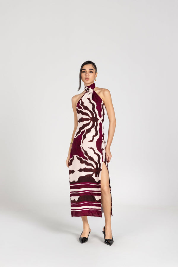 ABSTRACT PLUM SCARF WRAP MAXI DRESS
