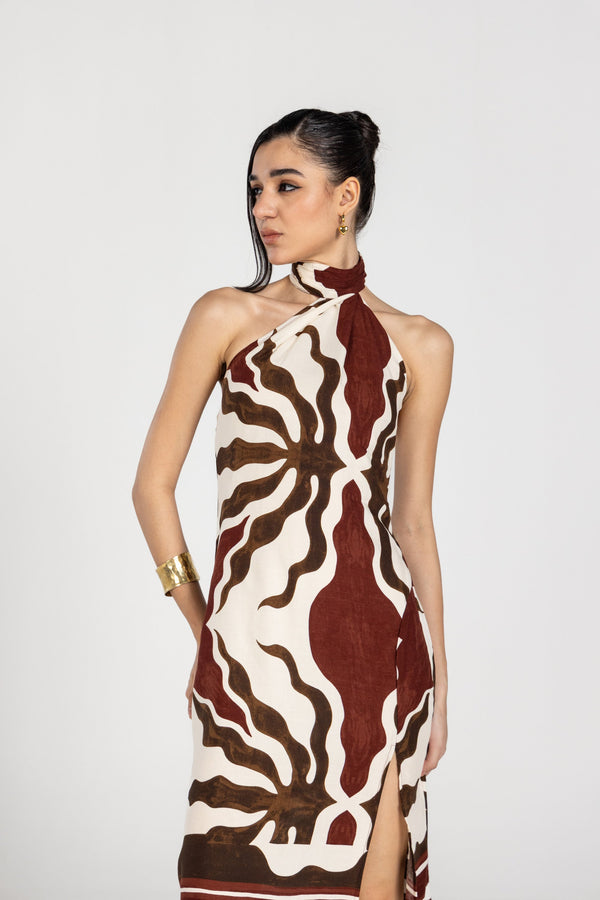 ABSTRACT BROWN SCARF WRAP MAXI DRESS