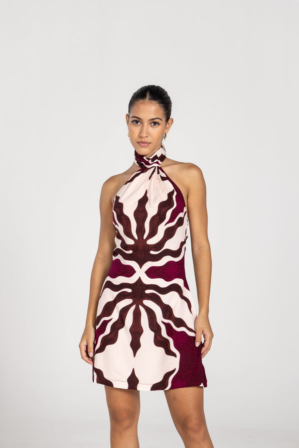 ABSTRACT PLUM SCARF WRAP MINI DRESS