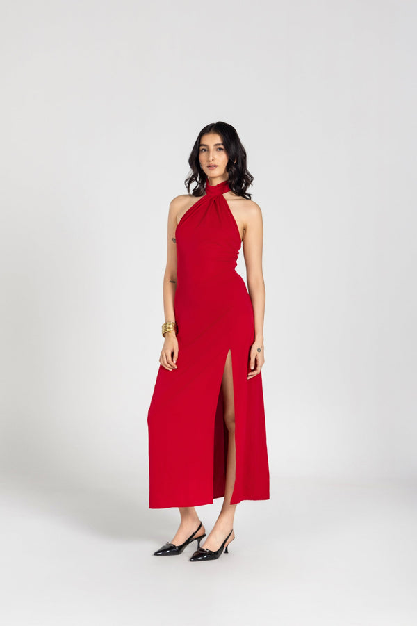 RED SCARF WRAP MAXI DRESS