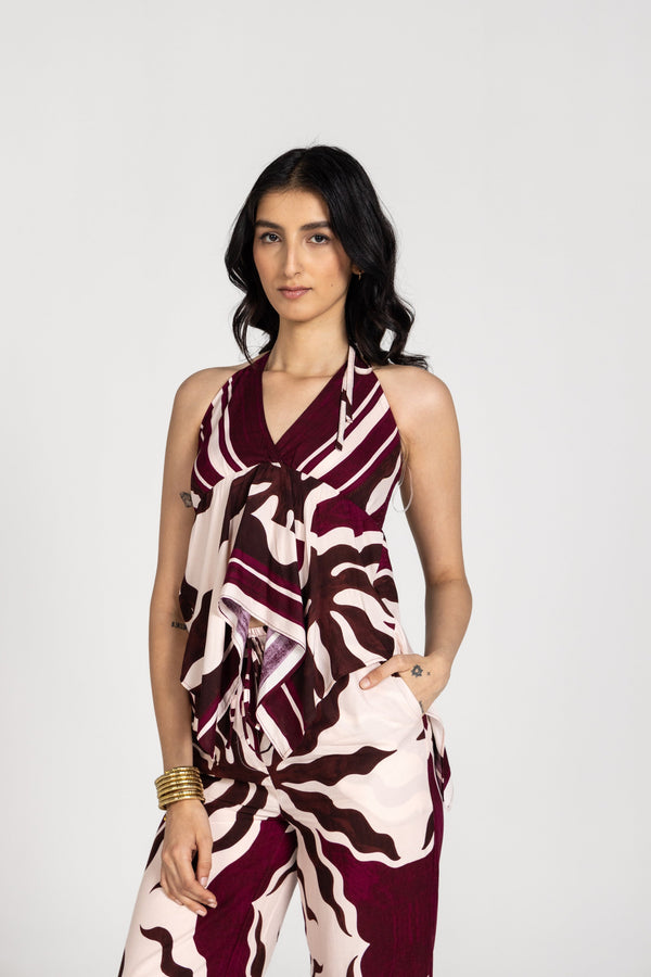 ABSTRACT PLUM HALTER TOP WITH NECKTIE