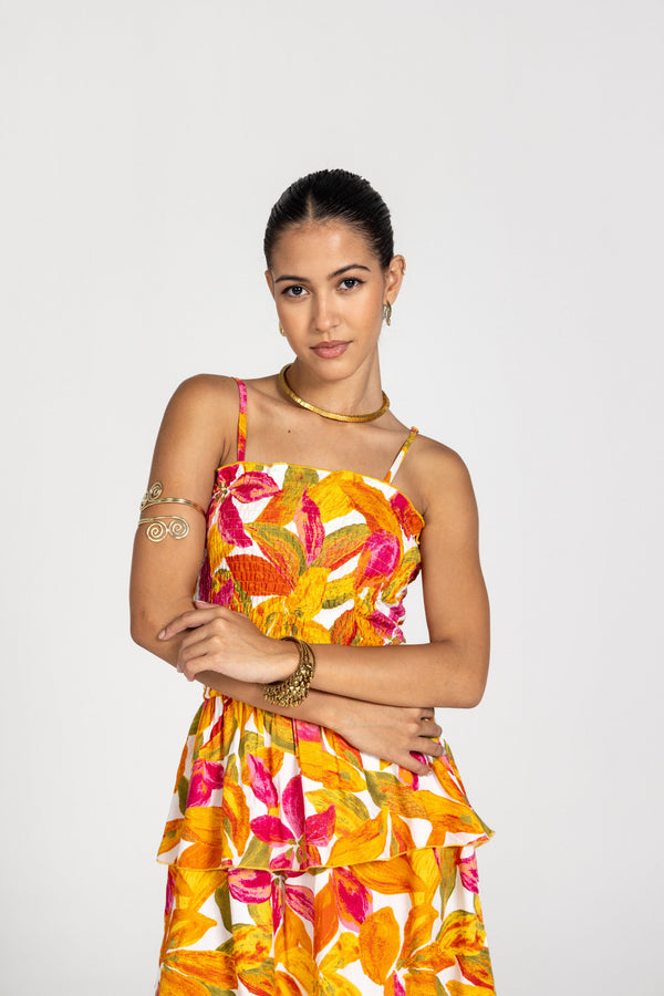 FLORAL SMOCKED RUFFLE MINI DRESS