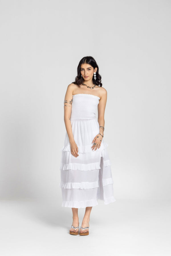 WHITE SMOCKED RUFFLE MAXI DRESS