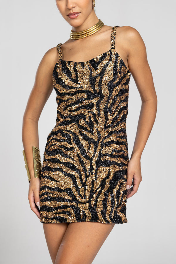 Bengal Tiger Sequin Dress, 2XL / Yellow | Yellow Sequin Dress For Women by Past Modern Bengal Tiger Sequin Dress, 2XL / Yellow | Yellow Sequin Dress For Women by Past Modern