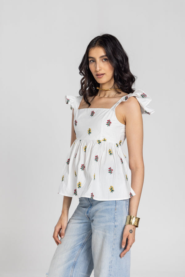 FLOWER RUFFLE SLEEVE TOP