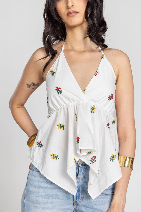 EMBROIDERY FLORAL HALTER TOP WITH NECKTIE