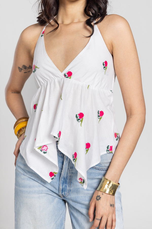 PARROT PEONY HALTER TOP WITH NECKTIE