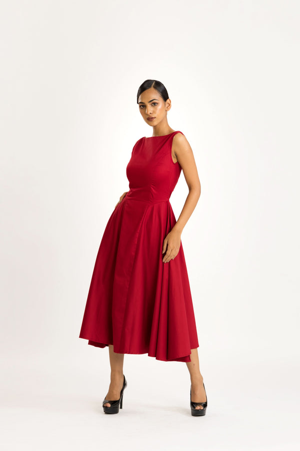 RED SATIN MIDI DRESS