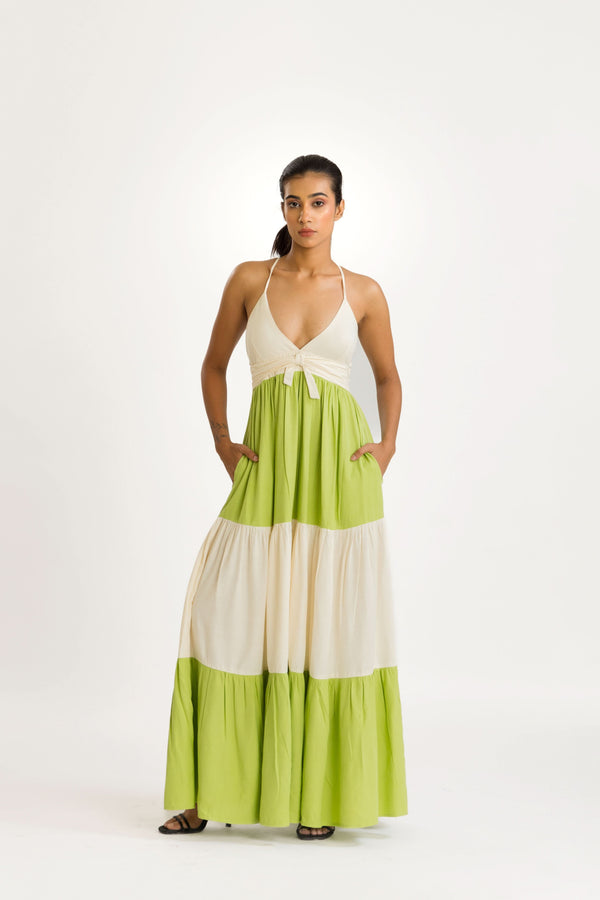 RAZA GREEN COLOR BLOCK DRESS