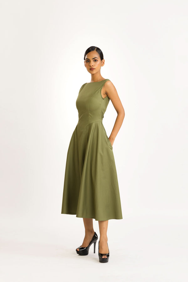 OLIVE SATIN MIDI DRESS